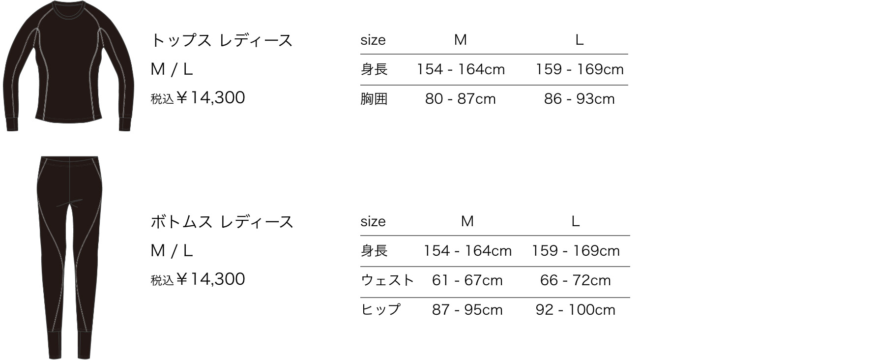 トップス レディース　M / L　税込￥14,300、ボトムス レディース　M / L　税込￥14,300